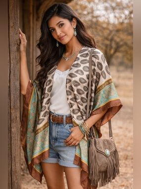 Silky Paisley Printed Kimono - Cream and Turquoise - NwT